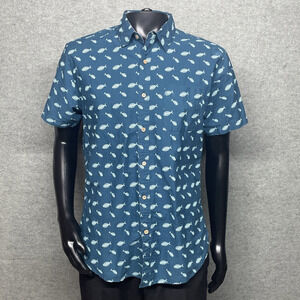 Rebel James & Charli Mens L Teal Fish Print Button Up Short Sleeve Shirt Cotton